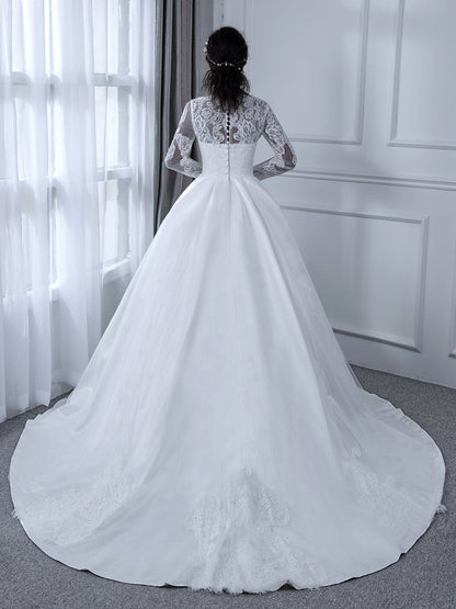 V-Neck Long Sleeves Lace Ball Gown Wedding Dresses with Appliques