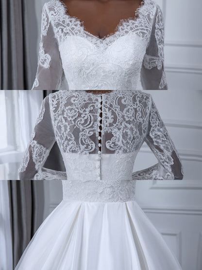 V-Neck Long Sleeves Lace Ball Gown Wedding Dresses with Appliques