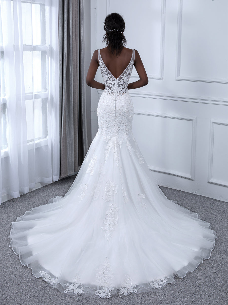 V-Neck Sleeveless Tulle Mermaid Wedding Dresses with Beading Appliques & Sequins