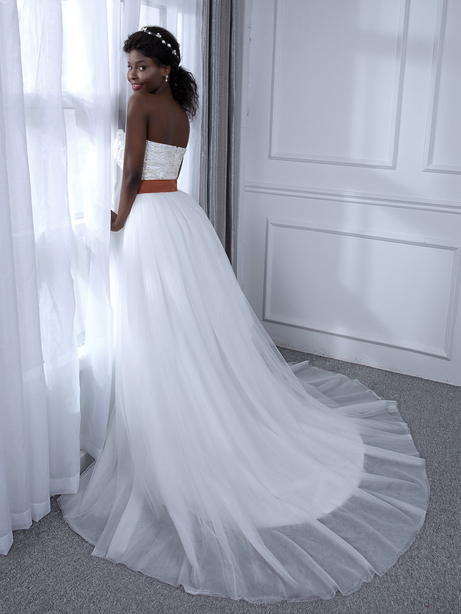 A-Line Strapless Sleeveless Tulle Wedding Dresses with Beading Rhinestones