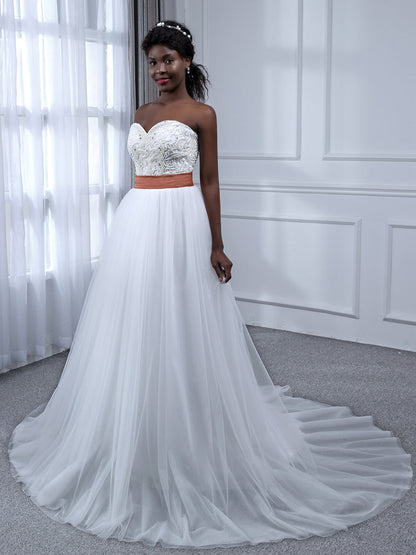 A-Line Strapless Sleeveless Tulle Wedding Dresses with Beading Rhinestones