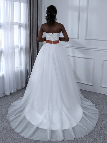 A-Line Strapless Sleeveless Tulle Wedding Dresses with Beading Rhinestones