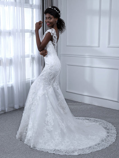 Sheer Neck Sleeveless Tulle Mermaid Wedding Dresses with Appliques