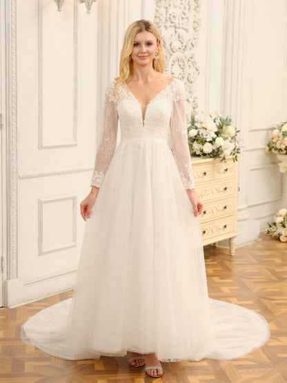 A-Line/Princess V-Neck Long Lace Wedding Dresses with Appliques & Long Sleeves