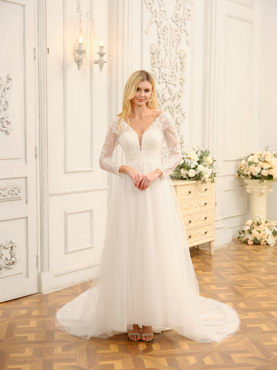 A-Line/Princess V-Neck Long Lace Wedding Dresses with Appliques & Long Sleeves