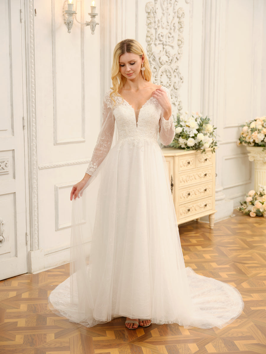 A-Line/Princess V-Neck Long Lace Wedding Dresses with Appliques & Long Sleeves