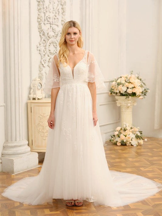 A-Line/Princess V-Neck Half Sleeves Long Wedding Dresses with Appliques