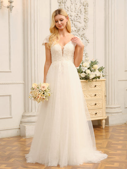 V-Neck Short Sleeves Long Wedding Dresses with Appliques & Beading