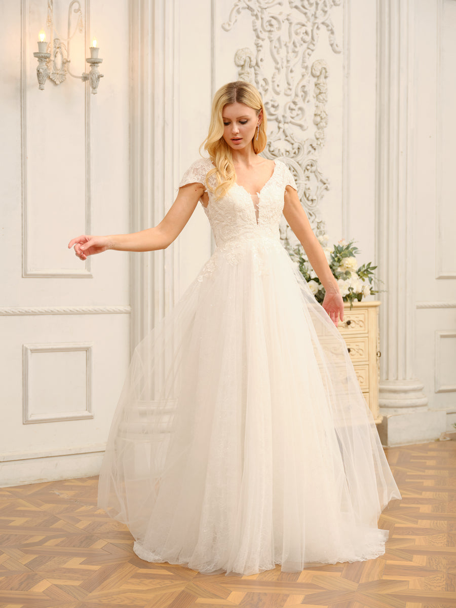 V-Neck Short Sleeves Long Wedding Dresses with Appliques & Beading