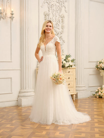 V-Neck Short Sleeves Long Wedding Dresses with Appliques & Beading