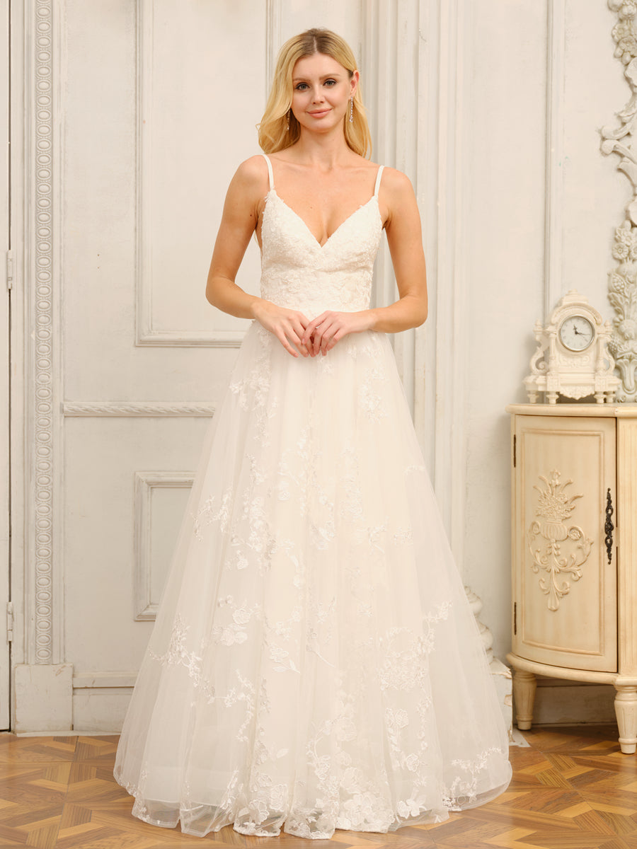 A-Line/Princess Spaghetti Straps V-Neck Sleeveless Long Wedding Dresses with Appliques