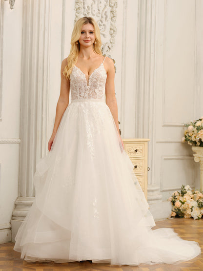 Spaghetti Straps V-Neck Sleeveless Long Wedding Dresses with Appliques & Beading