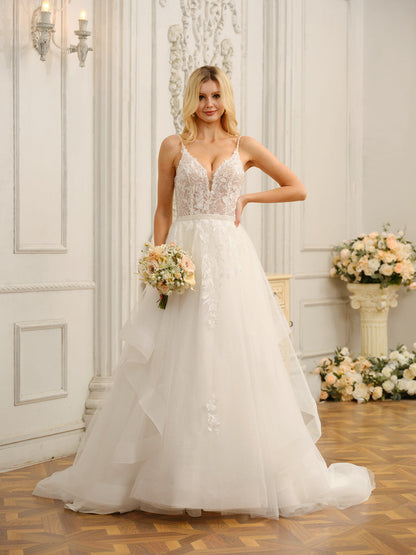 Spaghetti Straps V-Neck Sleeveless Long Wedding Dresses with Appliques & Beading