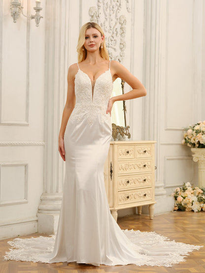 Trumpet/Mermaid Spaghetti Straps Sleeveless Long Wedding Dresses with Appliques