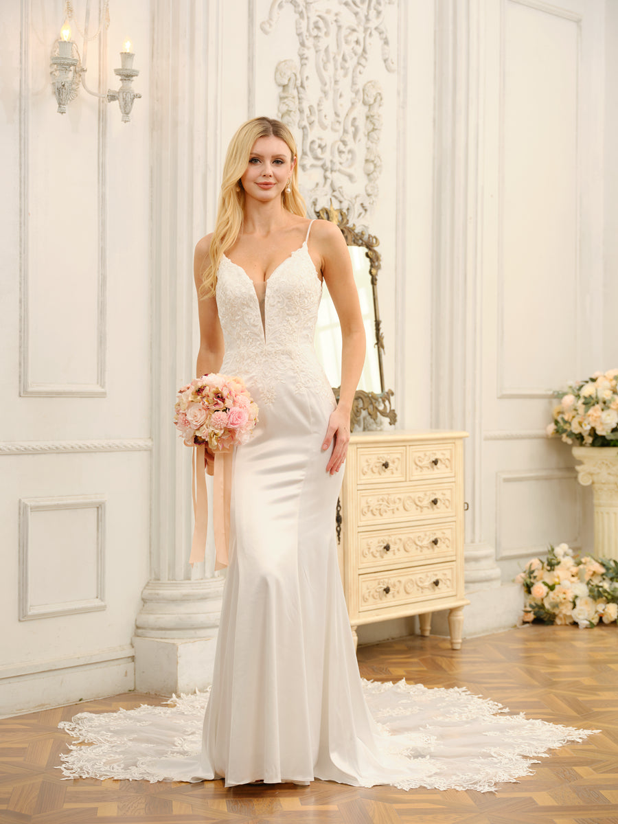 Trumpet/Mermaid Spaghetti Straps Sleeveless Long Wedding Dresses with Appliques