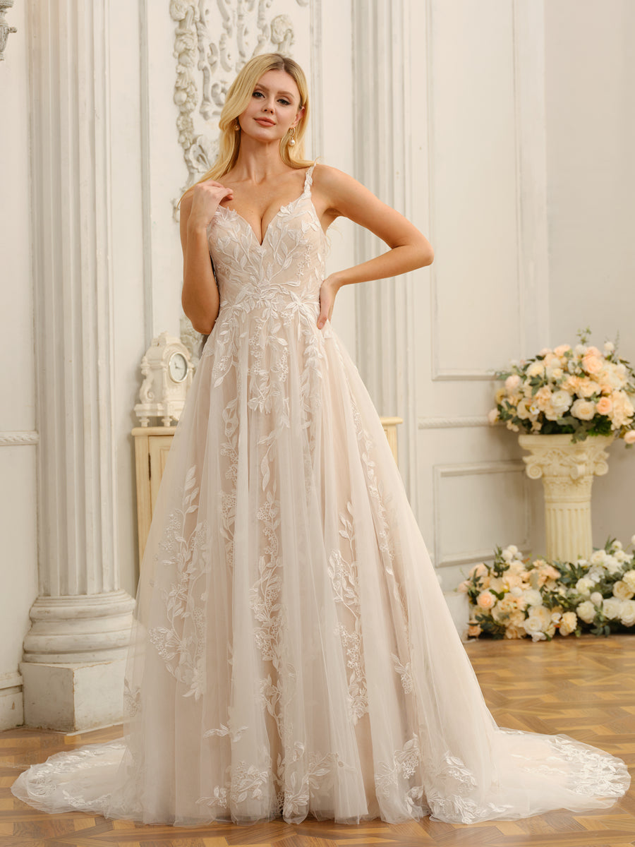 A-Line/Princess Spaghetti Straps Sleeveless Long Wedding Dresses with Appliques