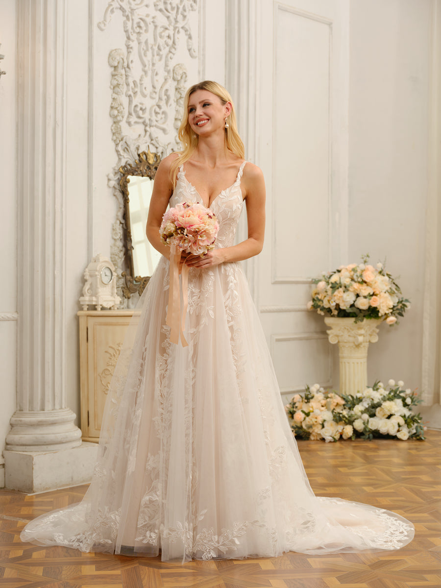 A-Line/Princess Spaghetti Straps Sleeveless Long Wedding Dresses with Appliques