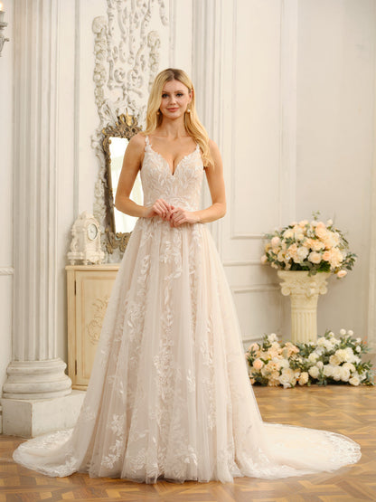 A-Line/Princess Spaghetti Straps Sleeveless Long Wedding Dresses with Appliques