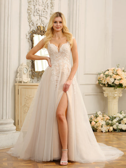 A-Line/Princess Sleeveless Long Wedding Dresses with Appliques & Split Side