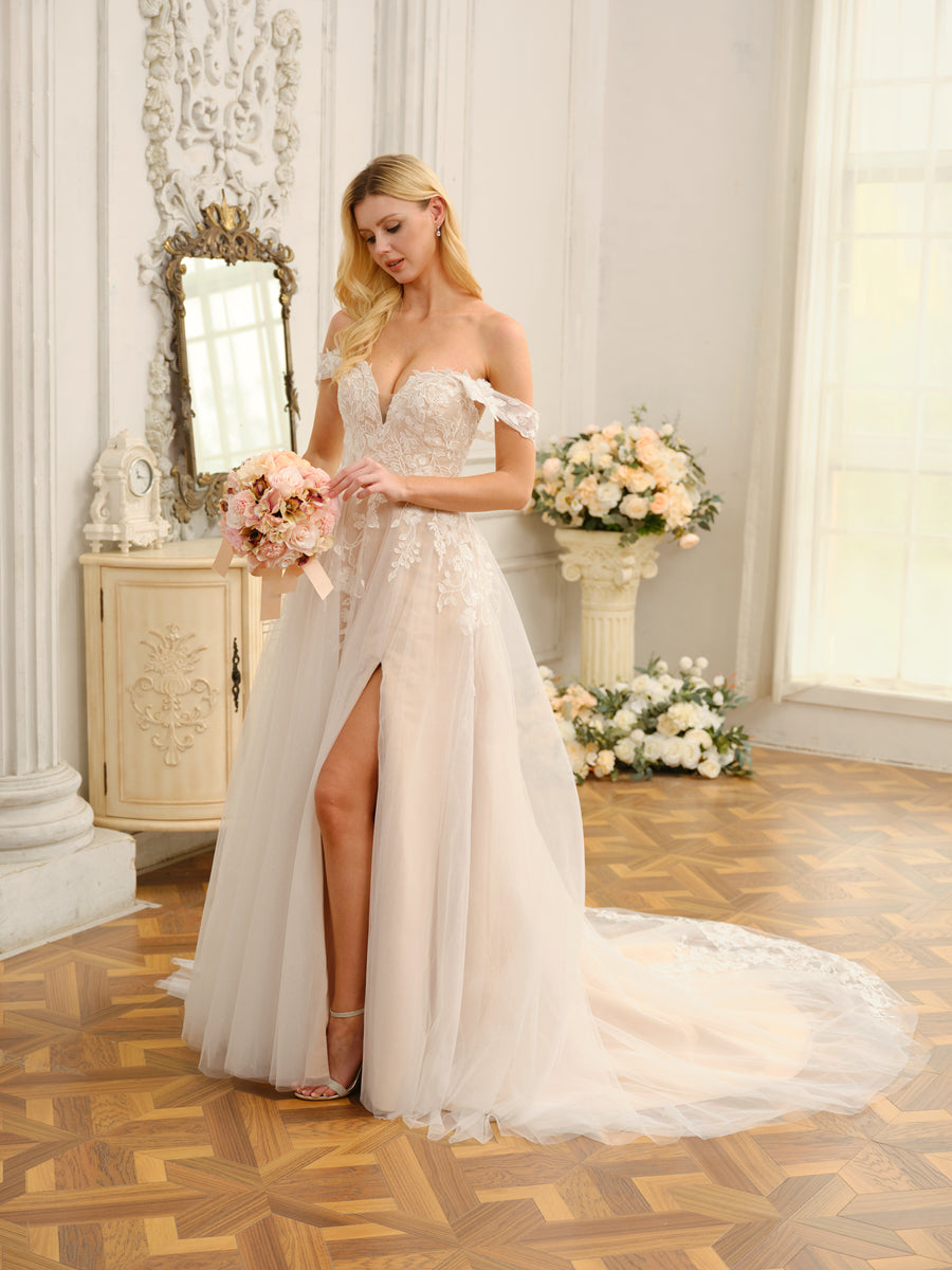 A-Line/Princess Sleeveless Long Wedding Dresses with Appliques & Split Side