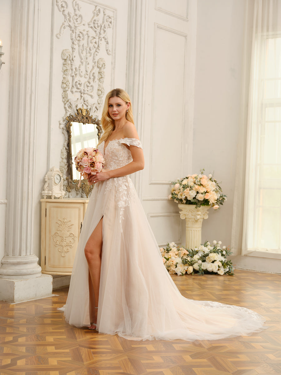 A-Line/Princess Sleeveless Long Wedding Dresses with Appliques & Split Side