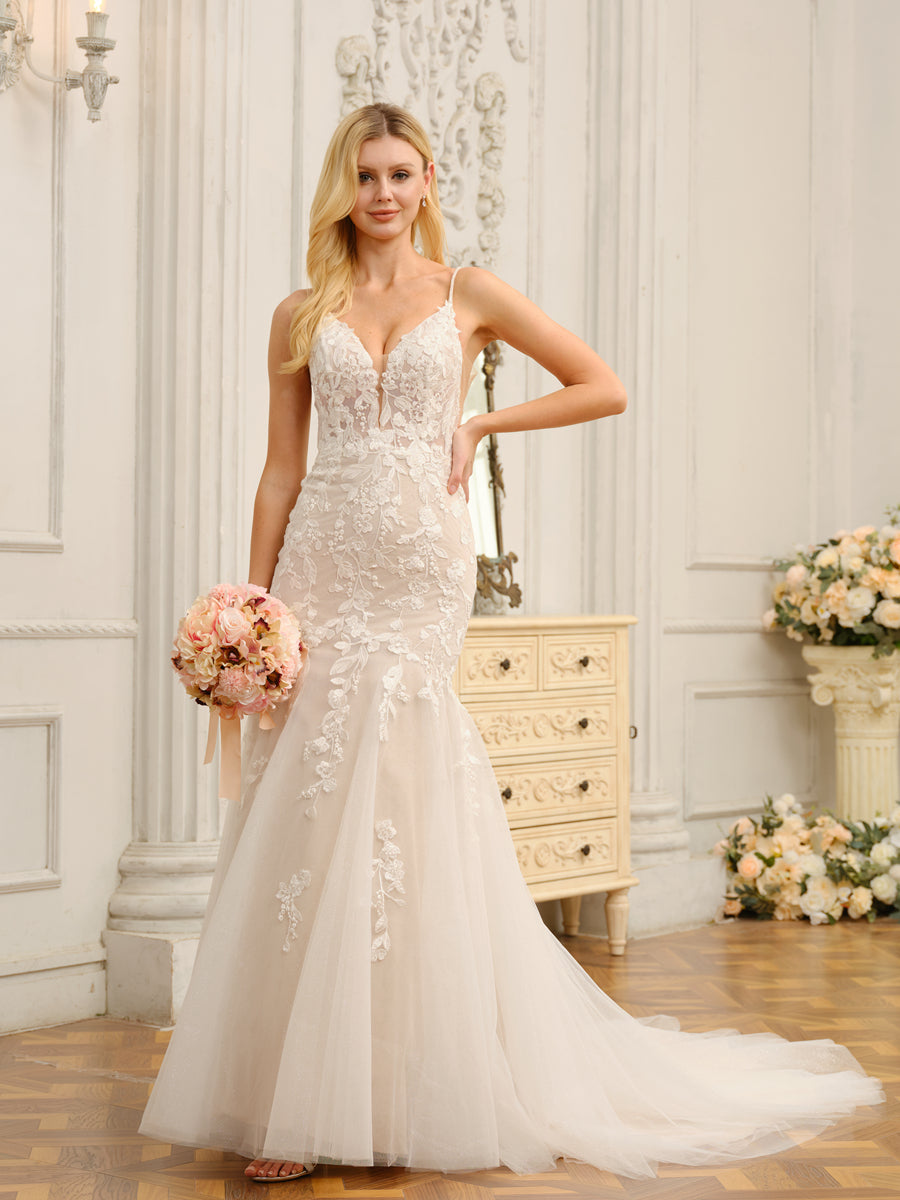 Trumpet/Mermaid Spaghetti Straps Sleeveless Long Wedding Dresses with Appliques