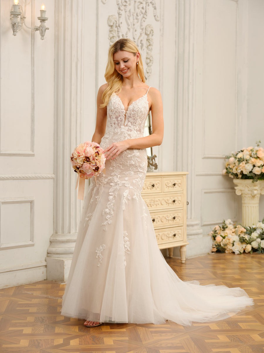 Trumpet/Mermaid Spaghetti Straps Sleeveless Long Wedding Dresses with Appliques