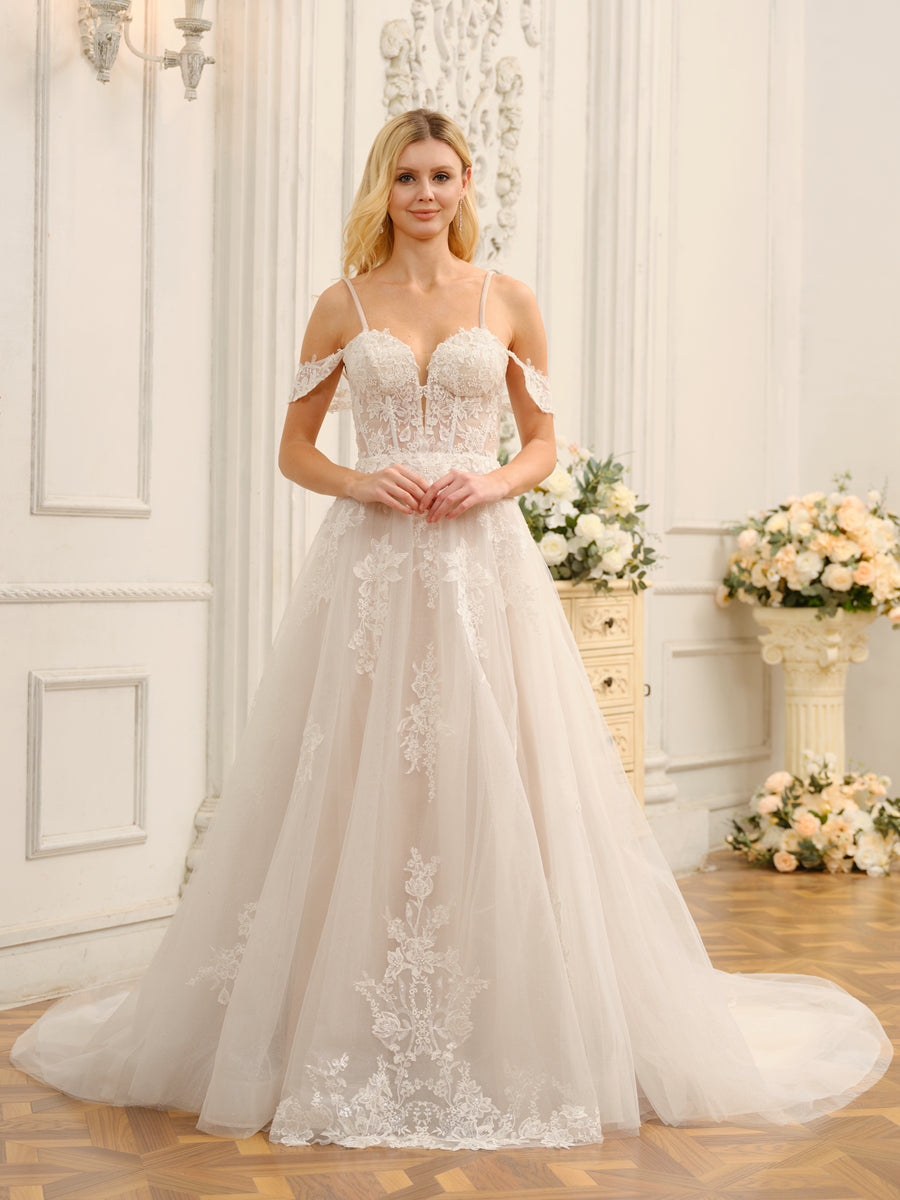 Off-the-Shoulder Sleeveless Long Tulle Wedding Dresses with Appliques