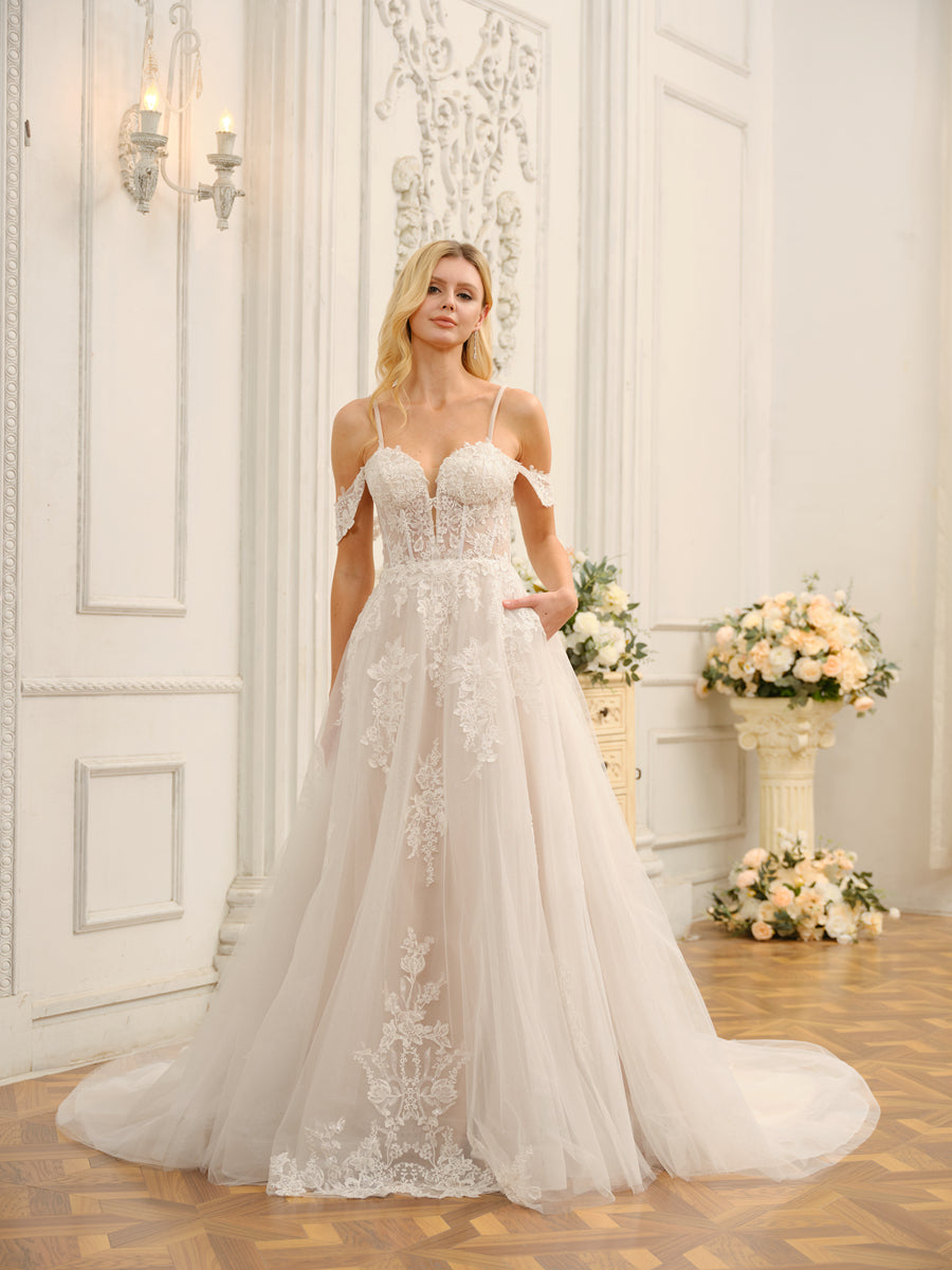 Off-the-Shoulder Sleeveless Long Tulle Wedding Dresses with Appliques