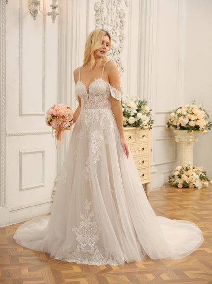 Off-the-Shoulder Sleeveless Long Tulle Wedding Dresses with Appliques