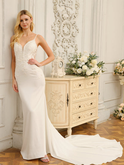 Trumpet/Mermaid Spaghetti Straps Sleeveless Long Wedding Dresses with Appliques & Beading