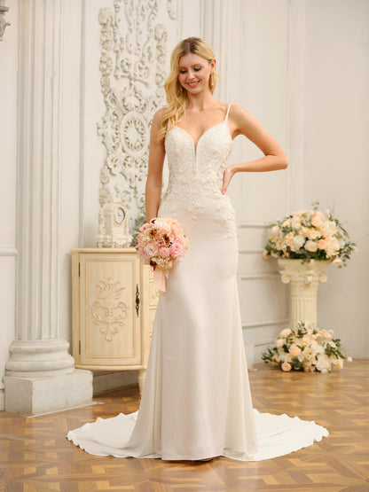 Trumpet/Mermaid Spaghetti Straps Sleeveless Long Wedding Dresses with Appliques & Beading