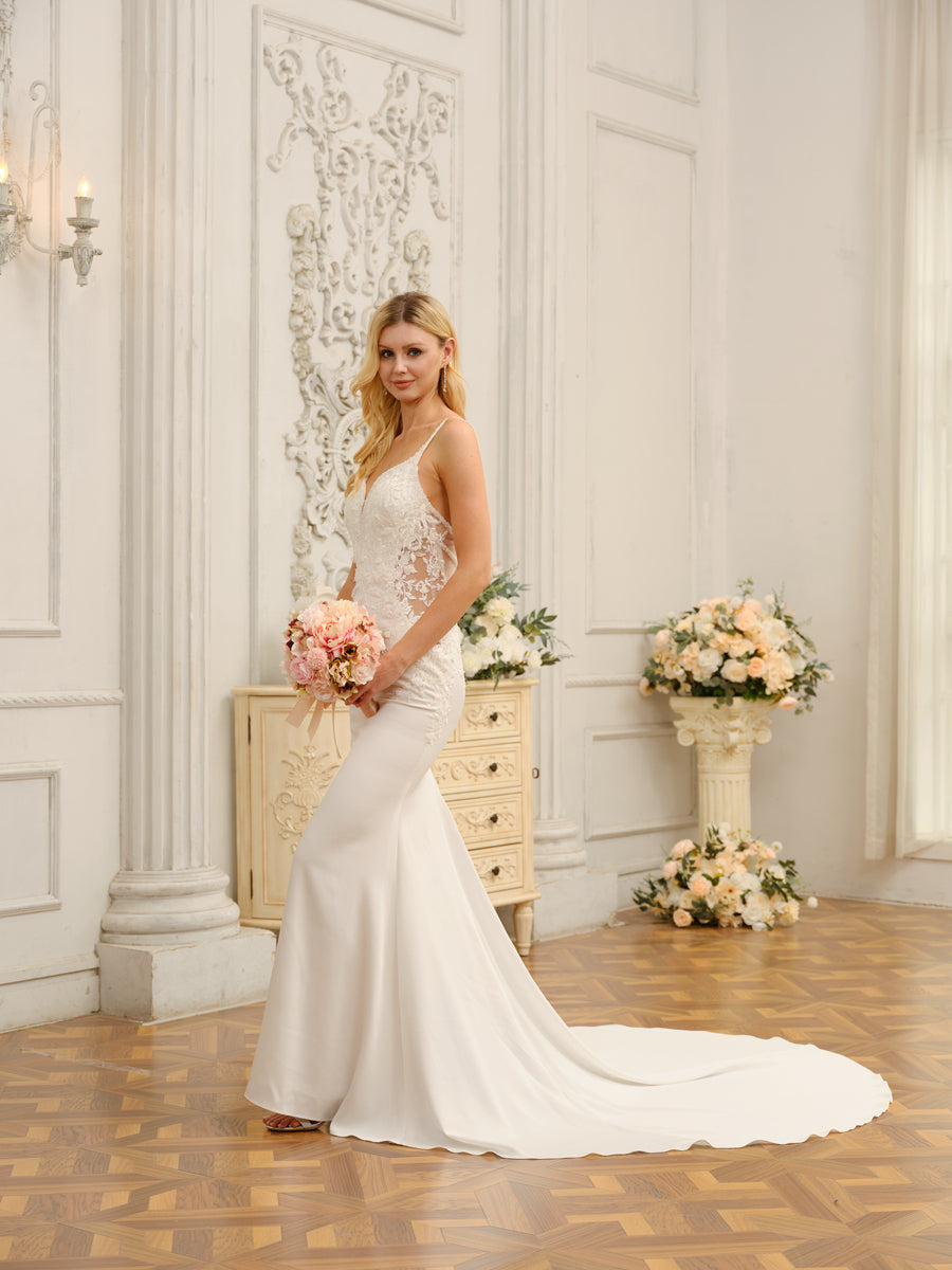 Trumpet/Mermaid Spaghetti Straps Sleeveless Long Wedding Dresses with Appliques & Beading