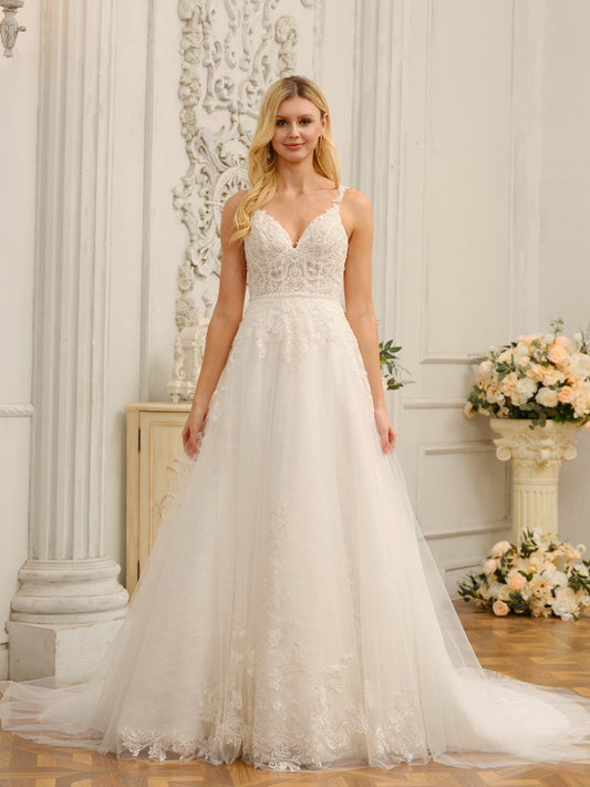 Spaghetti Straps V-Neck Sleeveless Long Wedding Dresses with Appliques & Beading