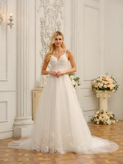 Spaghetti Straps V-Neck Sleeveless Long Wedding Dresses with Appliques & Beading