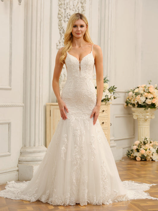 Trumpet/Mermaid Spaghetti Straps Sleeveless Long Wedding Dresses with Appliques