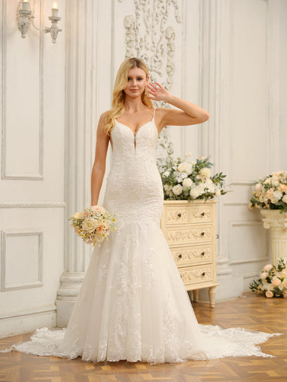 Trumpet/Mermaid Spaghetti Straps Sleeveless Long Wedding Dresses with Appliques