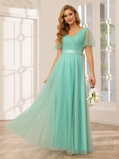 A-Line/Princess Tulle Long Bridesmaid Dresses with Sleeves