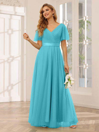 A-Line/Princess Tulle Long Bridesmaid Dresses with Sleeves