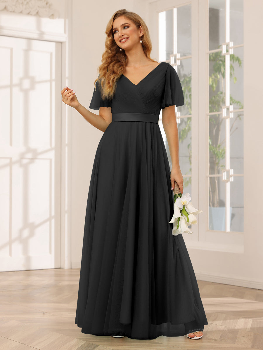 A-Line/Princess Tulle Long Bridesmaid Dresses with Sleeves