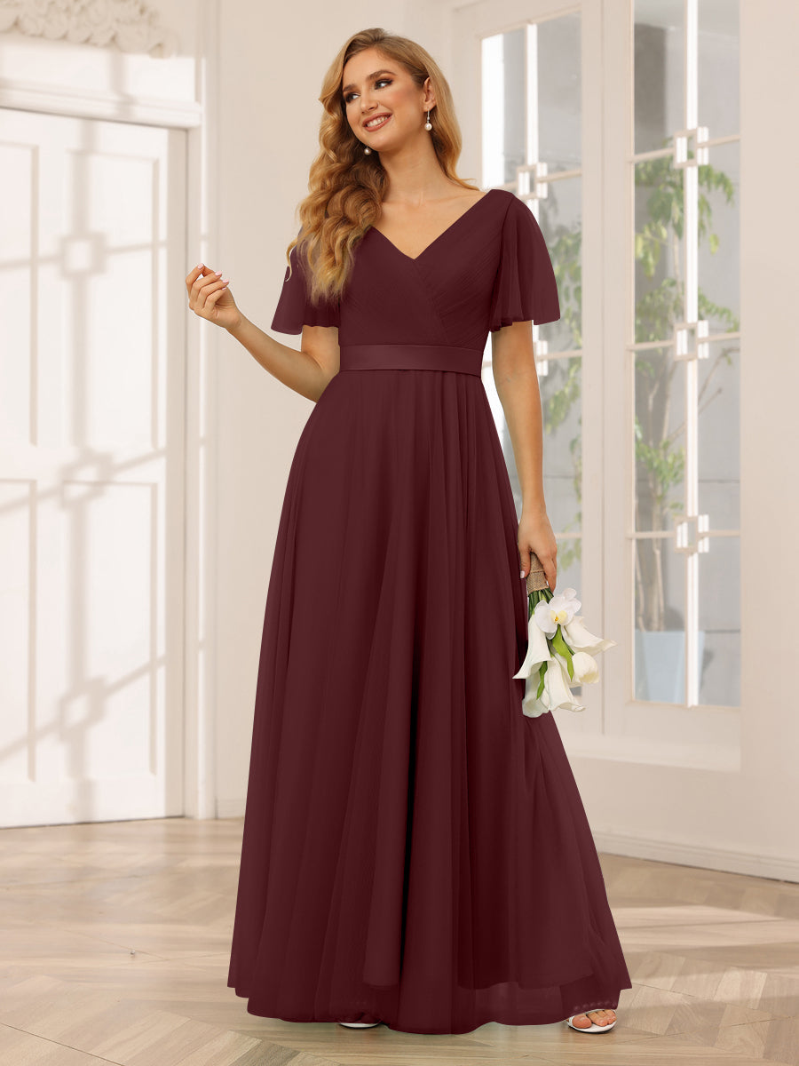 A-Line/Princess Tulle Long Bridesmaid Dresses with Sleeves