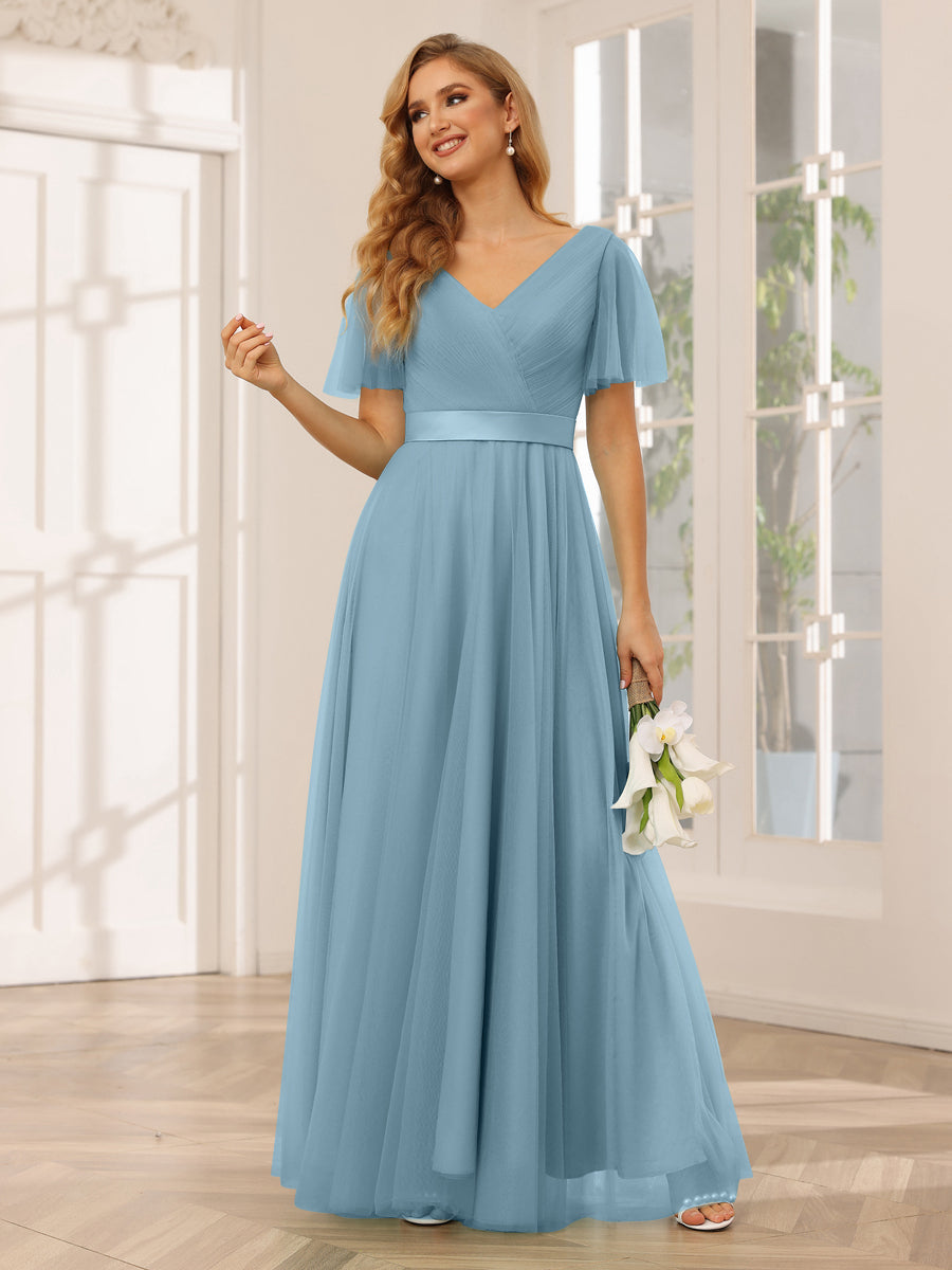 A-Line/Princess Tulle Long Bridesmaid Dresses with Sleeves