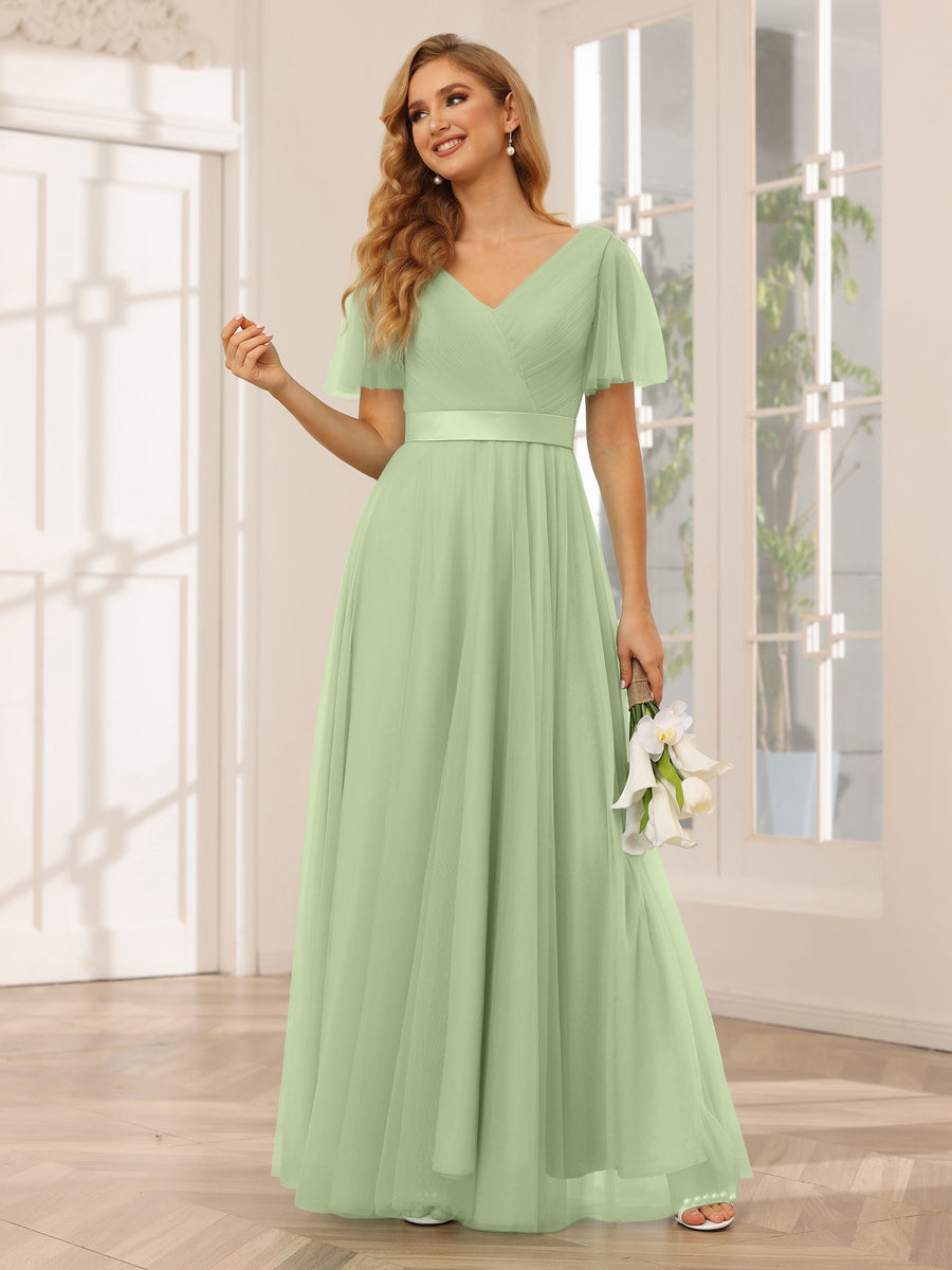 A-Line/Princess Tulle Long Bridesmaid Dresses with Sleeves