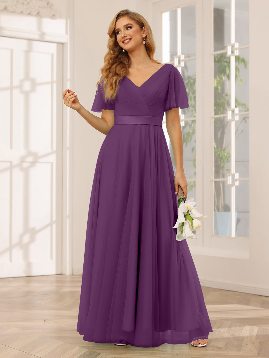 A-Line/Princess Tulle Long Bridesmaid Dresses with Sleeves