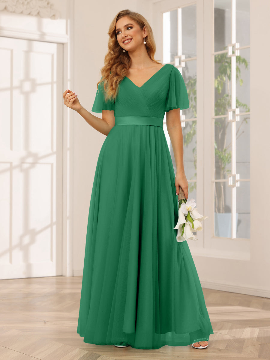 A-Line/Princess Tulle Long Bridesmaid Dresses with Sleeves