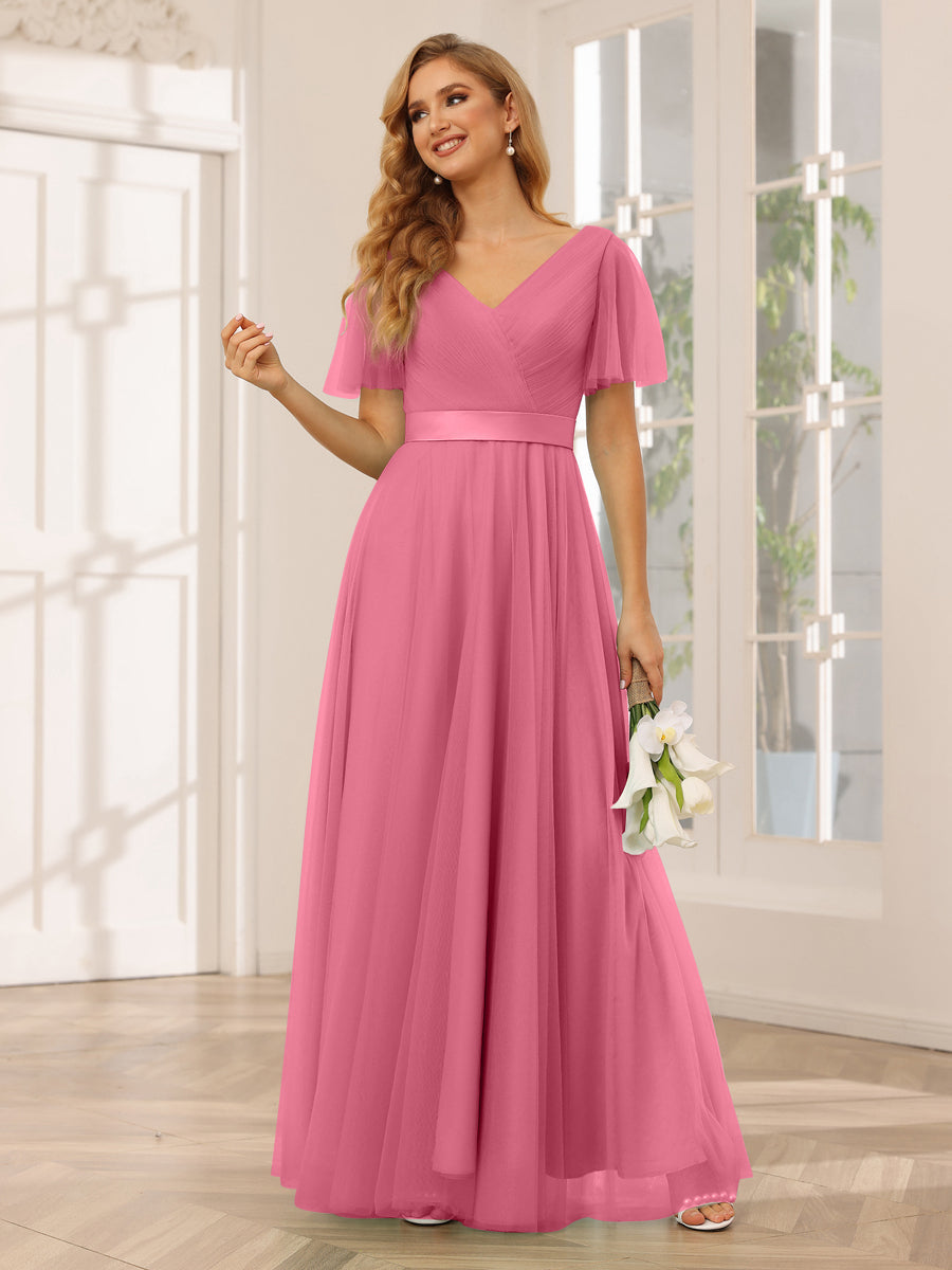 A-Line/Princess Tulle Long Bridesmaid Dresses with Sleeves