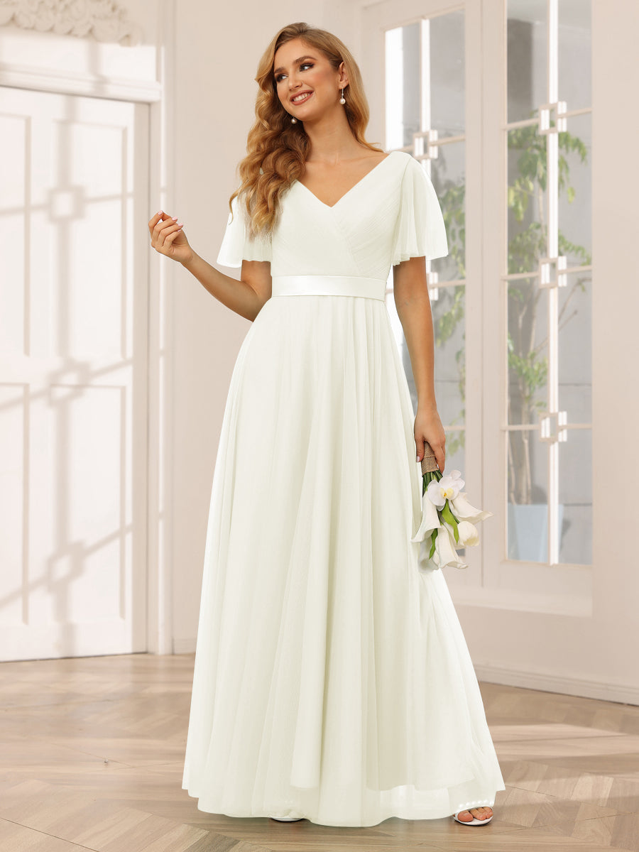 A-Line/Princess Tulle Long Bridesmaid Dresses with Sleeves