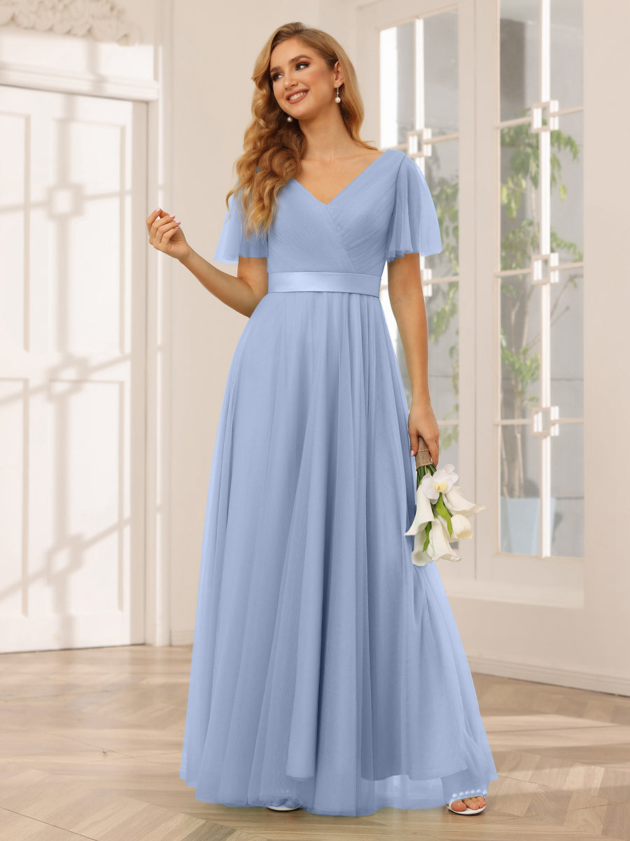 A-Line/Princess Tulle Long Bridesmaid Dresses with Sleeves