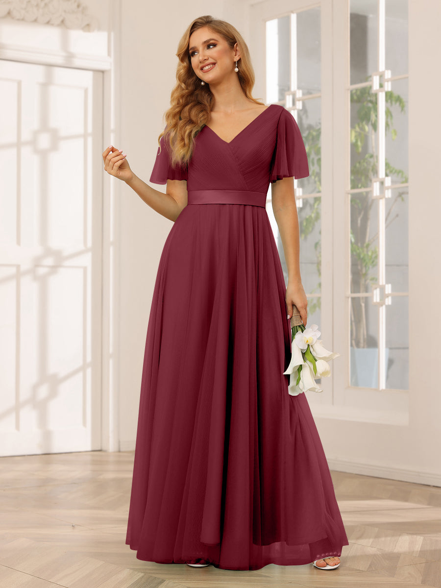 A-Line/Princess Tulle Long Bridesmaid Dresses with Sleeves