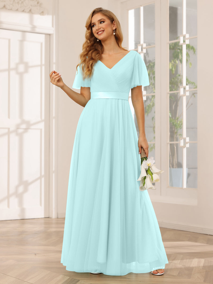 A-Line/Princess Tulle Long Bridesmaid Dresses with Sleeves